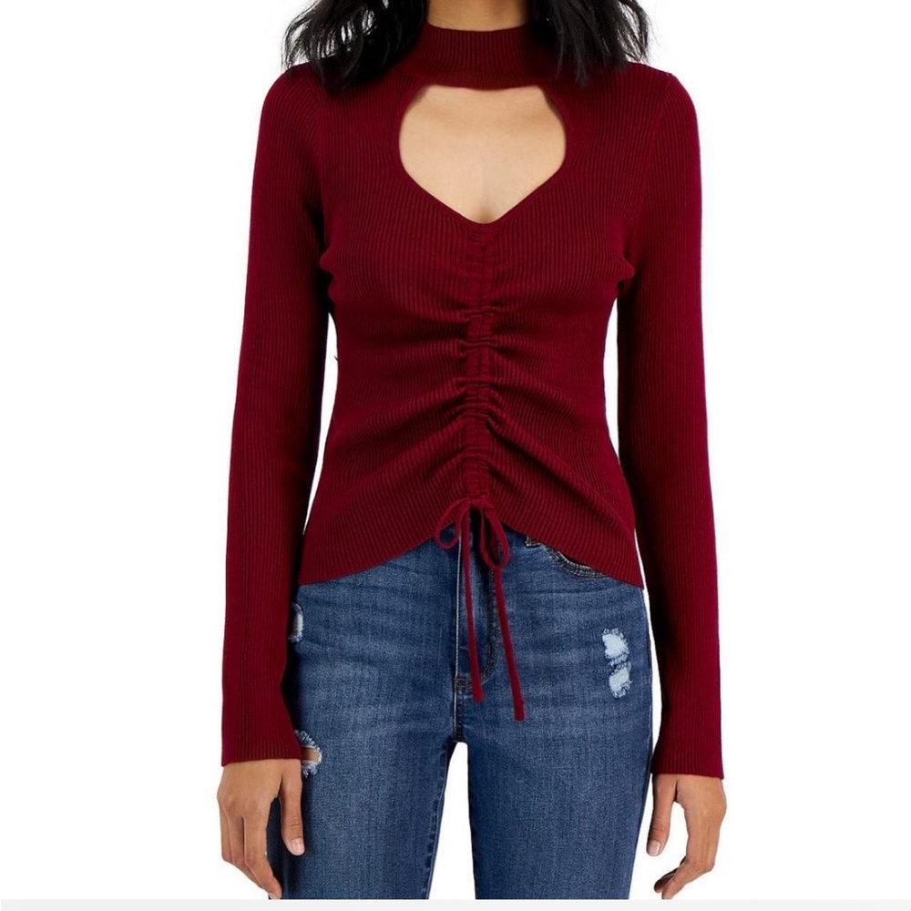 Ribbed Mock-Neck Cutout Ruched Sweater Knit Top
